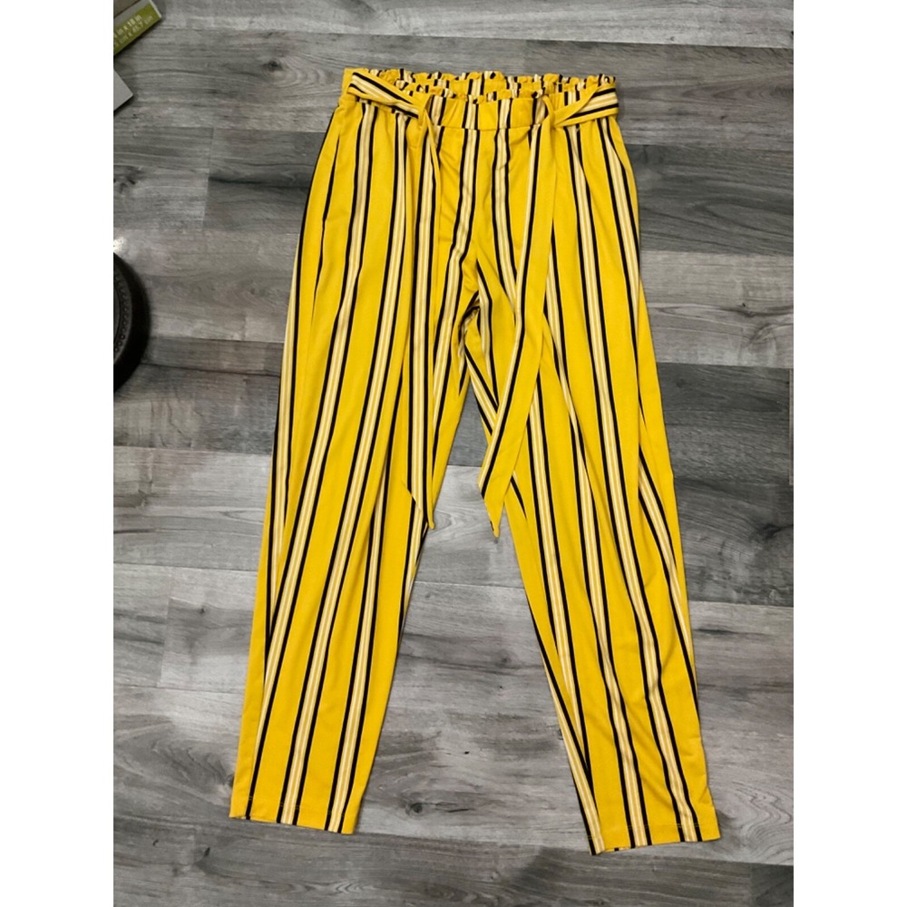 Est. 1946 Striped Paper Bag Waist Pants High Rise Casual Yellow M